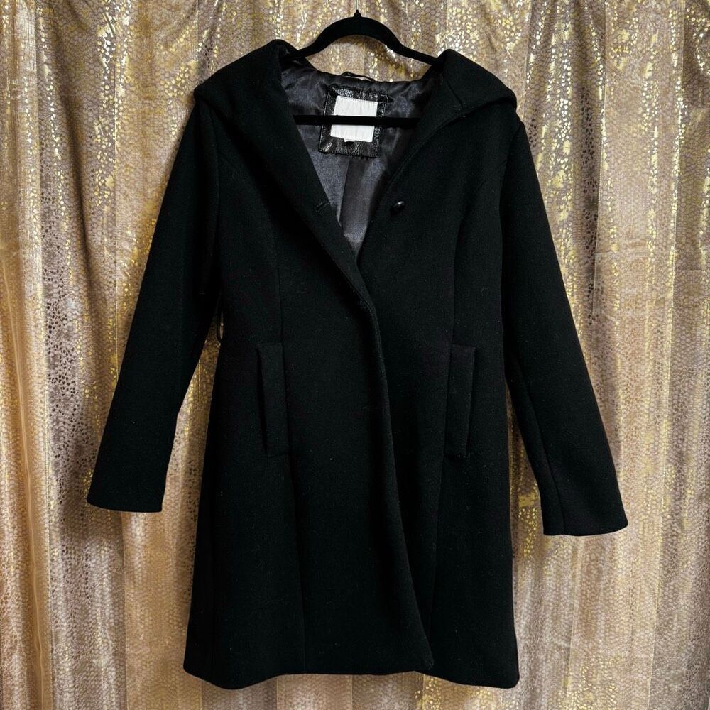 Steve Madden Black Hooded Long Pea-coat Button-Front Coat Small